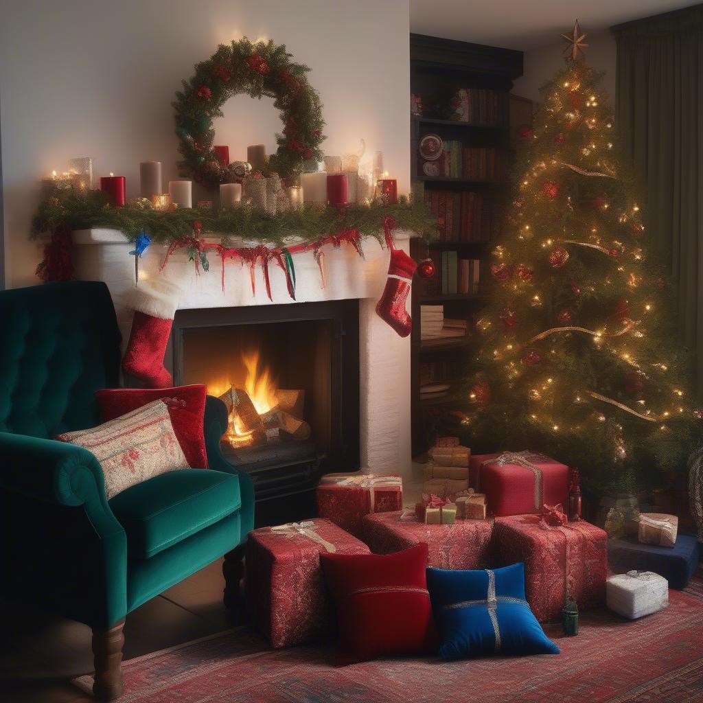 Christmas Velvet Pillows in a Living Room Setting