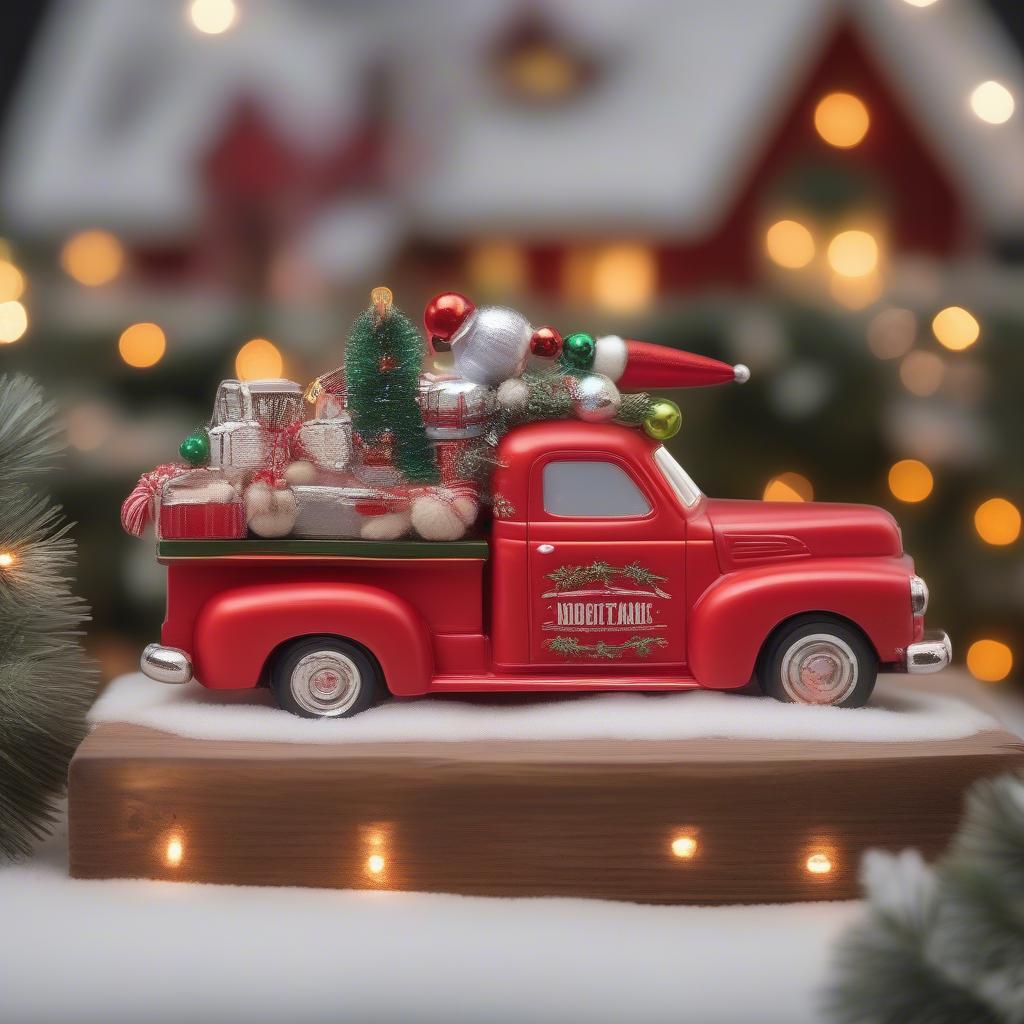 Christmas Vintage Red Truck Ornaments: A close-up view of several handcrafted Christmas ornaments featuring miniature vintage red trucks, decorated with festive details like Christmas trees, wreaths, and snow.