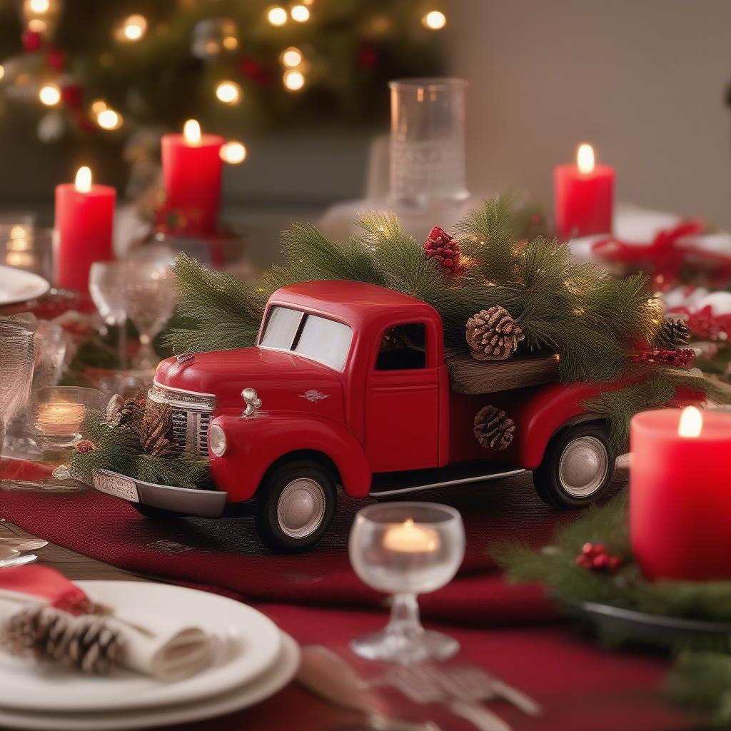 Christmas Vintage Red Truck Table Centerpiece: A beautifully arranged table centerpiece featuring a vintage red truck filled with miniature Christmas trees and surrounded by candles and festive greenery.