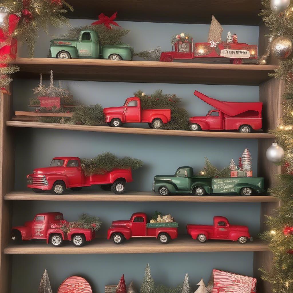 Christmas Vintage Truck Collection: A variety of Christmas vintage trucks displayed on shelves, showcasing different sizes, colors, and styles.