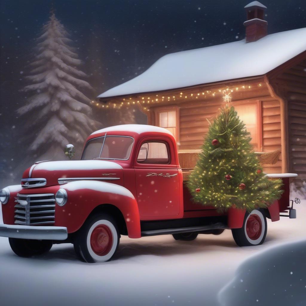 Christmas Vintage Truck Decorations: A red vintage truck adorned with a Christmas tree and festive lights.