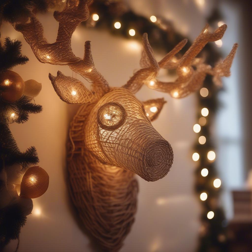 Large wicker reindeer Christmas wall art hanging above a fireplace.