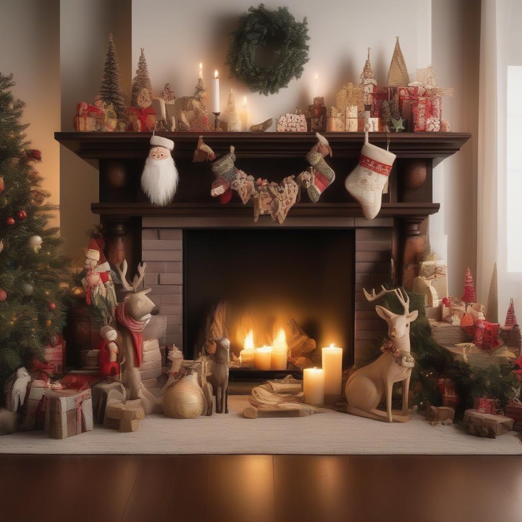 Christmas Wood Decor on Mantelpiece with Stockings and Garland