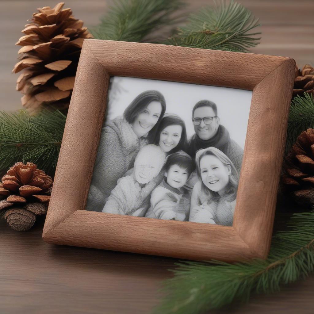 Rustic Christmas Wood Frame with Pinecone Accents