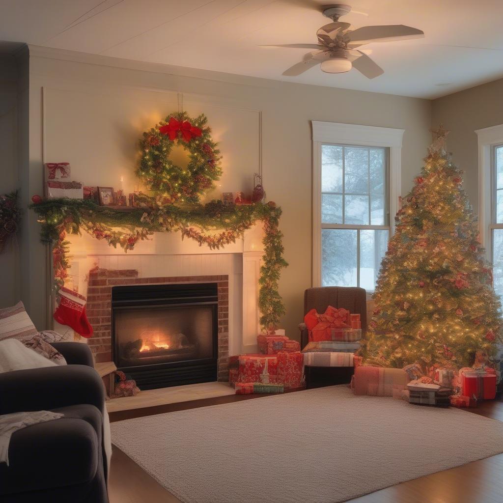 A festive Christmas-themed wood sign displayed on a fireplace mantel decorated with garlands and ornaments.