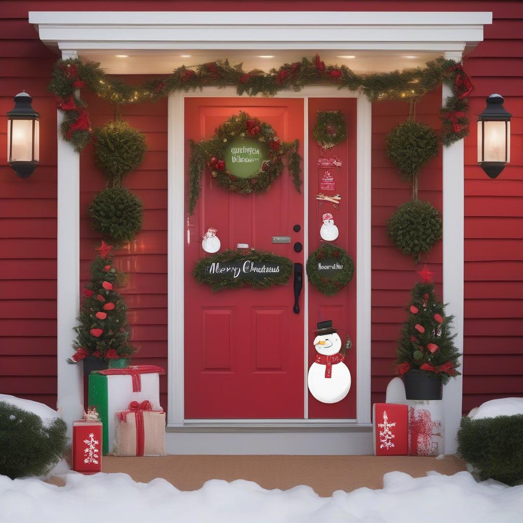 Christmas wooden circle signs hanging on a front door, adding a festive welcome.