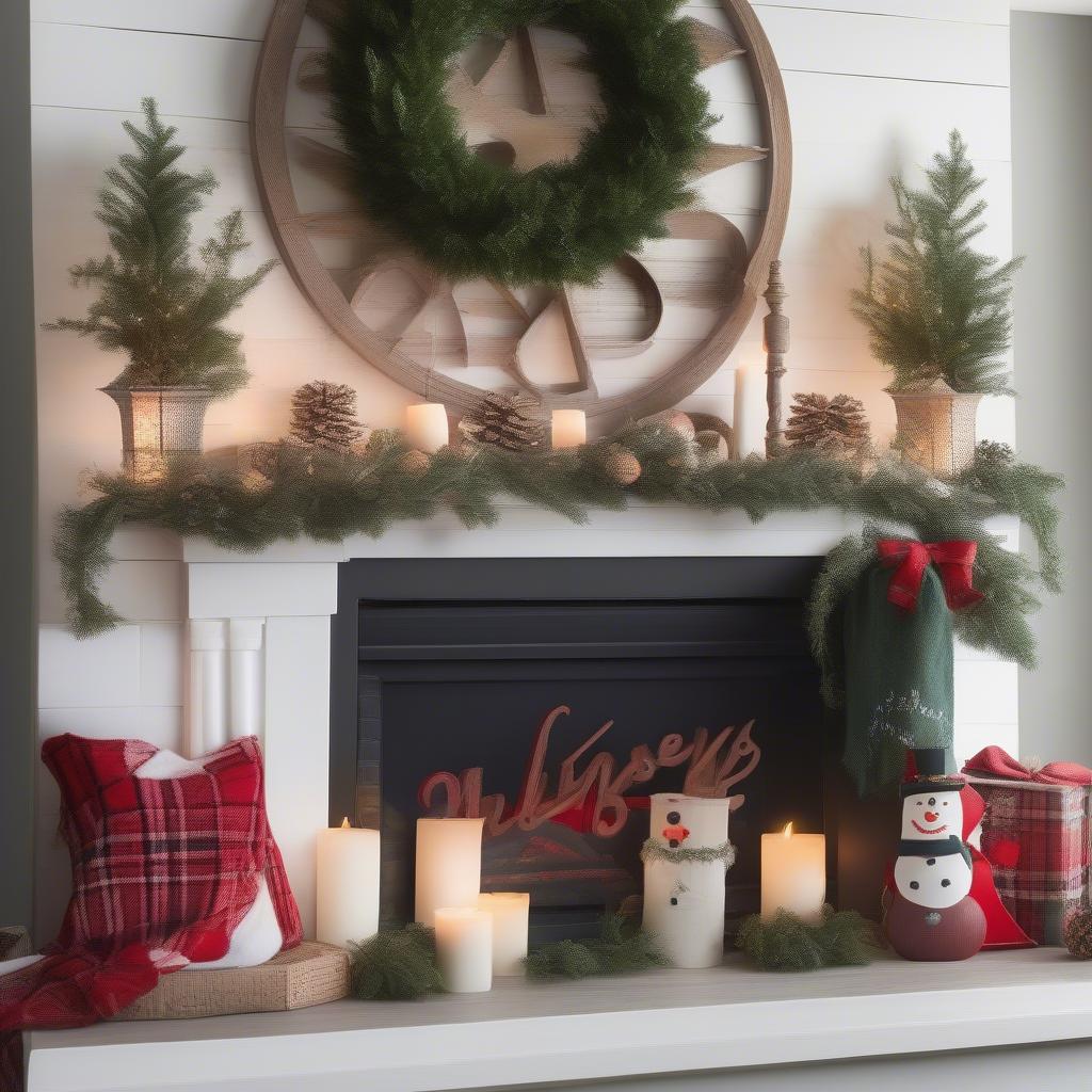 Christmas wooden circle signs displayed on a mantelpiece, creating a festive focal point.