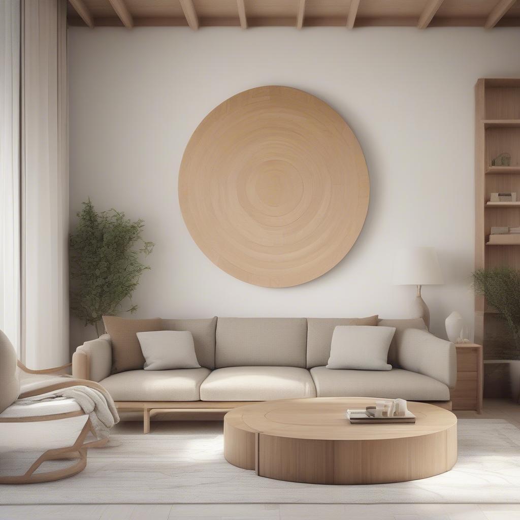 Circle wood wall art adds a natural touch to a modern living room.