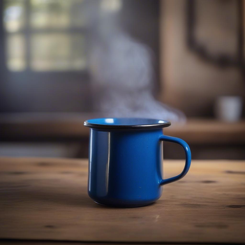 Classic Blue Enamelware Mug on a Wooden Table