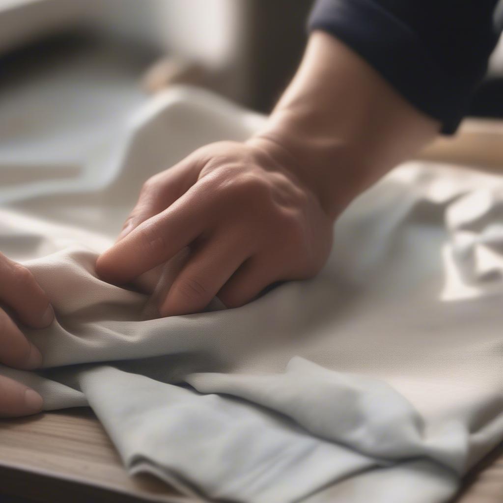 A person gently cleaning a canvas print with a soft cloth.