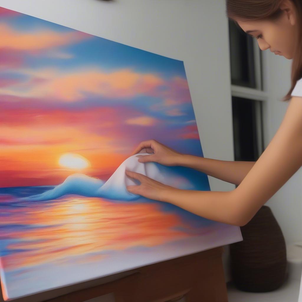 A person carefully cleaning a canvas print with a soft, dry cloth.