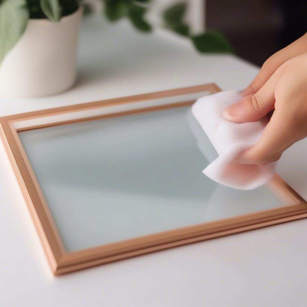 Cleaning a clear acrylic photo frame with a microfiber cloth