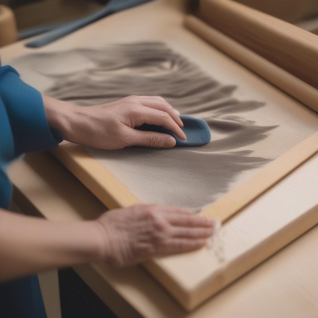 Demonstrating the proper way to clean and maintain a wood print using a soft, dry cloth