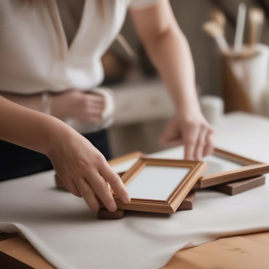 Person carefully cleaning a wooden 5x7 picture frame with a soft cloth