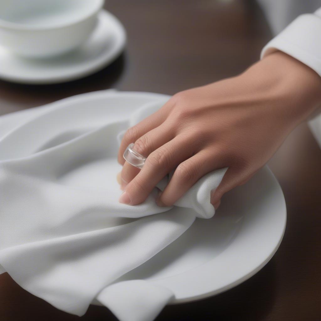 A hand wiping an acrylic napkin ring with a damp cloth.