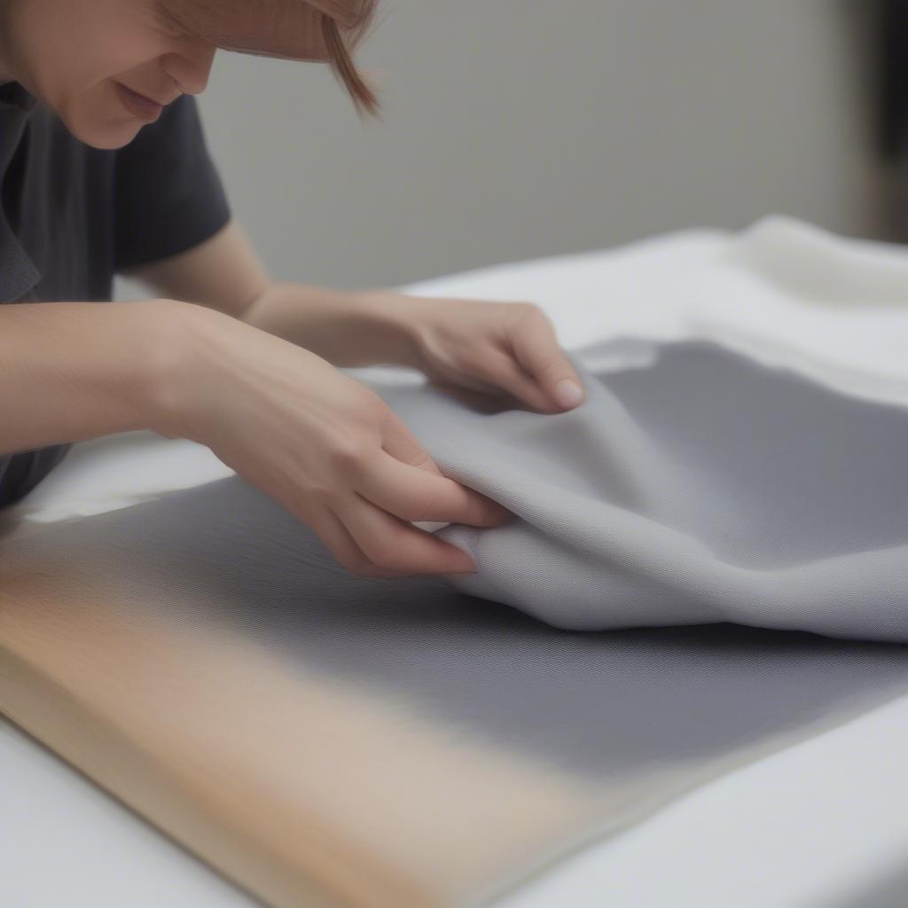 A person carefully dusting a canvas print with a soft cloth.