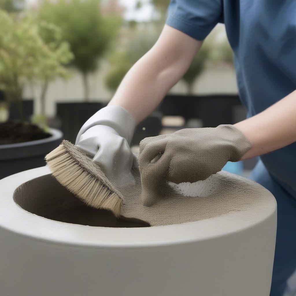 Cleaning concrete planters with brush and soap