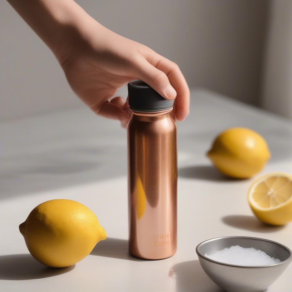 Cleaning a copper water bottle with natural ingredients.