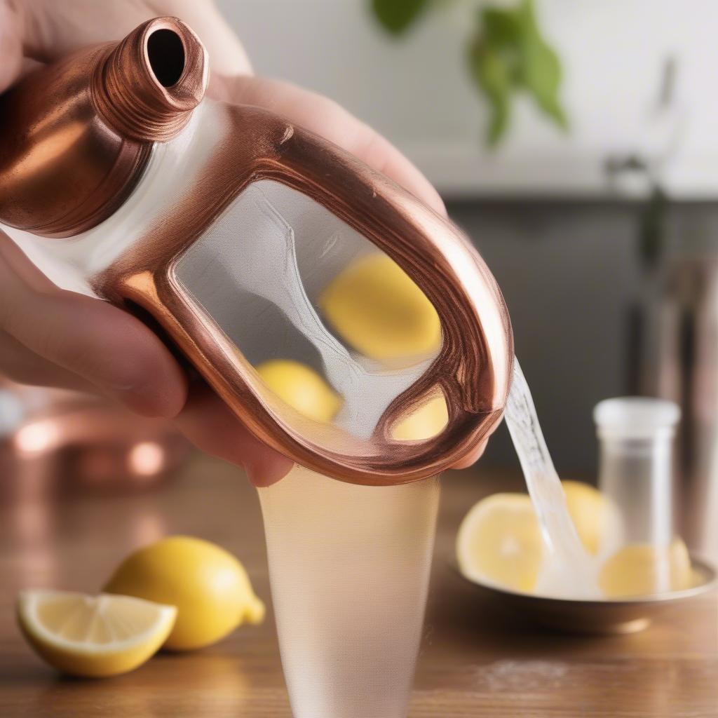 Cleaning a copper water bottle with lemon and salt, demonstrating a natural and effective cleaning method.