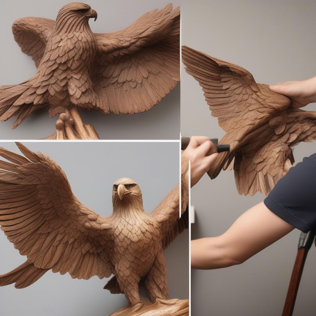 Cleaning an eagle wall decoration using appropriate tools and techniques.