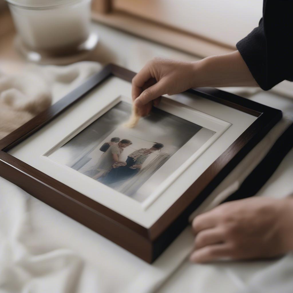 A person carefully cleaning a framed photograph