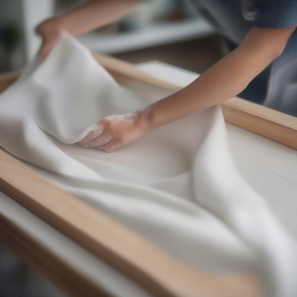 Demonstrating how to clean a gallery wrapped canvas frame using a soft, dry cloth, emphasizing gentle and careful cleaning techniques.