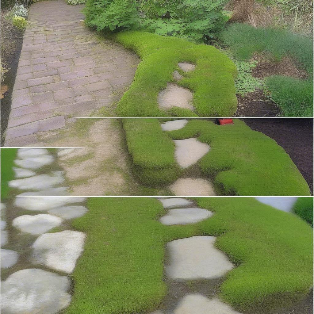 Cleaning a garden stone path with garden scrub.