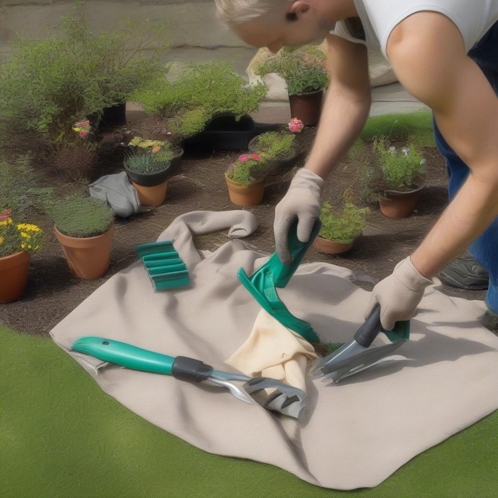 Cleaning a gardening multi-tool after use.