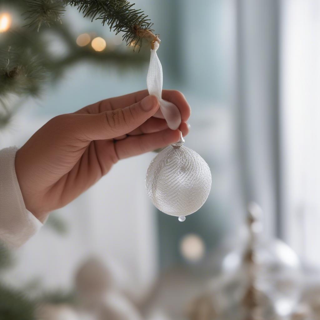 Carefully cleaning a glass finial ornament with a soft cloth to maintain its shine and prevent damage.