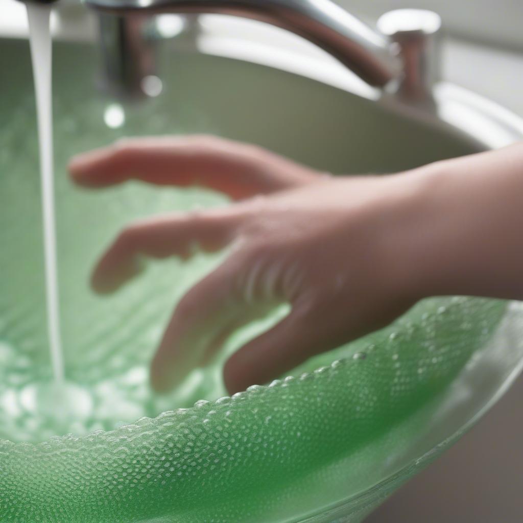 A person carefully handwashing a green hobnail glass in a sink with warm, soapy water. 