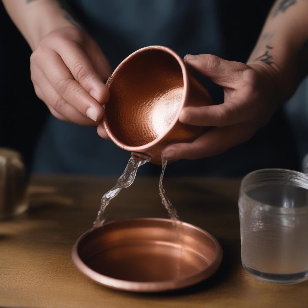 Cleaning copper cups with gentle soap and water