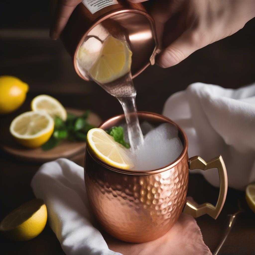 Cleaning a hammered copper Moscow mule mug with a gentle cloth and natural cleaning solution.