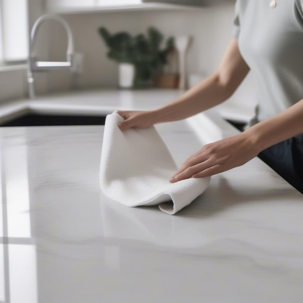 Cleaning a marble stand in the kitchen with a damp cloth