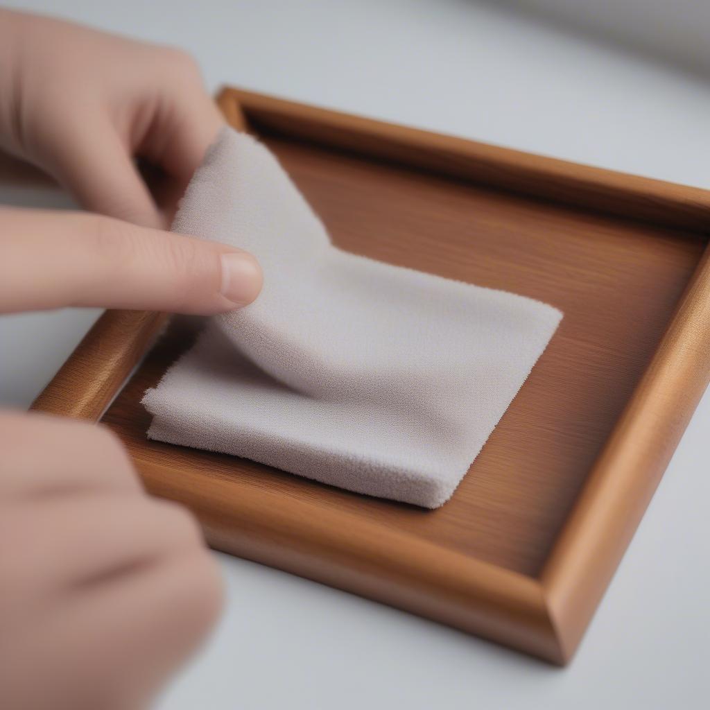 Cleaning a picture holder with a soft cloth.