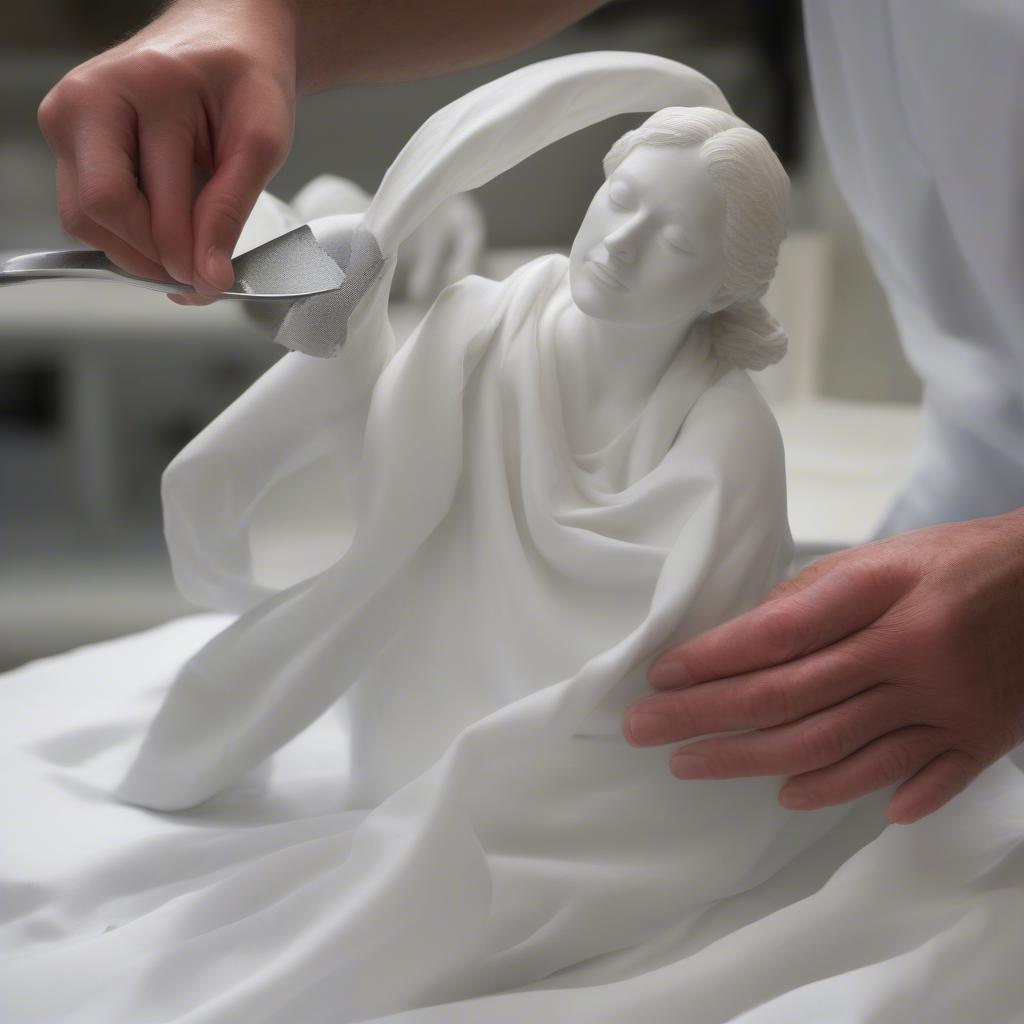 A person carefully cleaning a rainbow metal sculpture with a soft cloth.