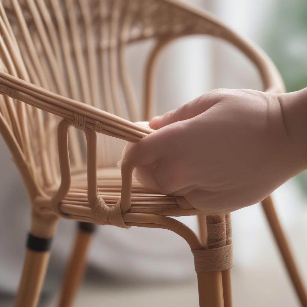 Cleaning a rattan chair with a damp cloth