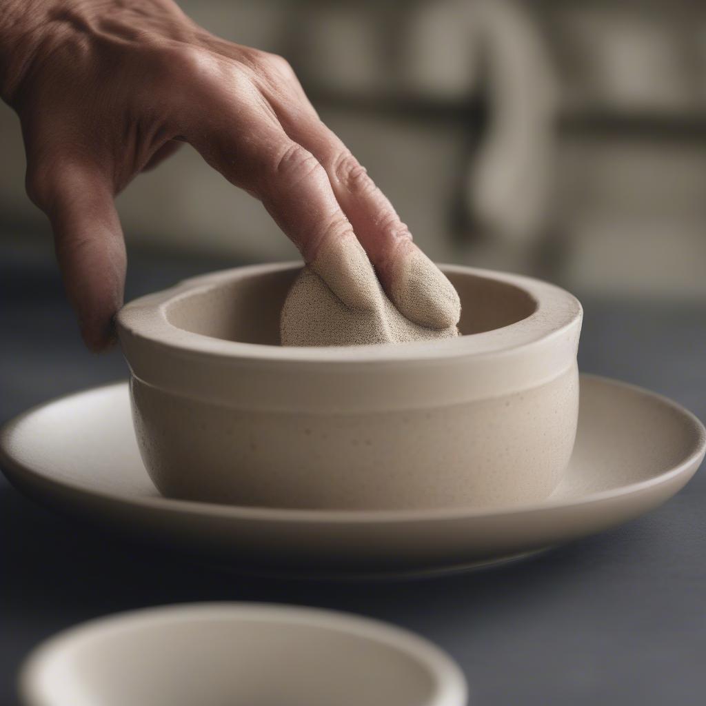 Cleaning a Stoneware Bowl with a Sponge