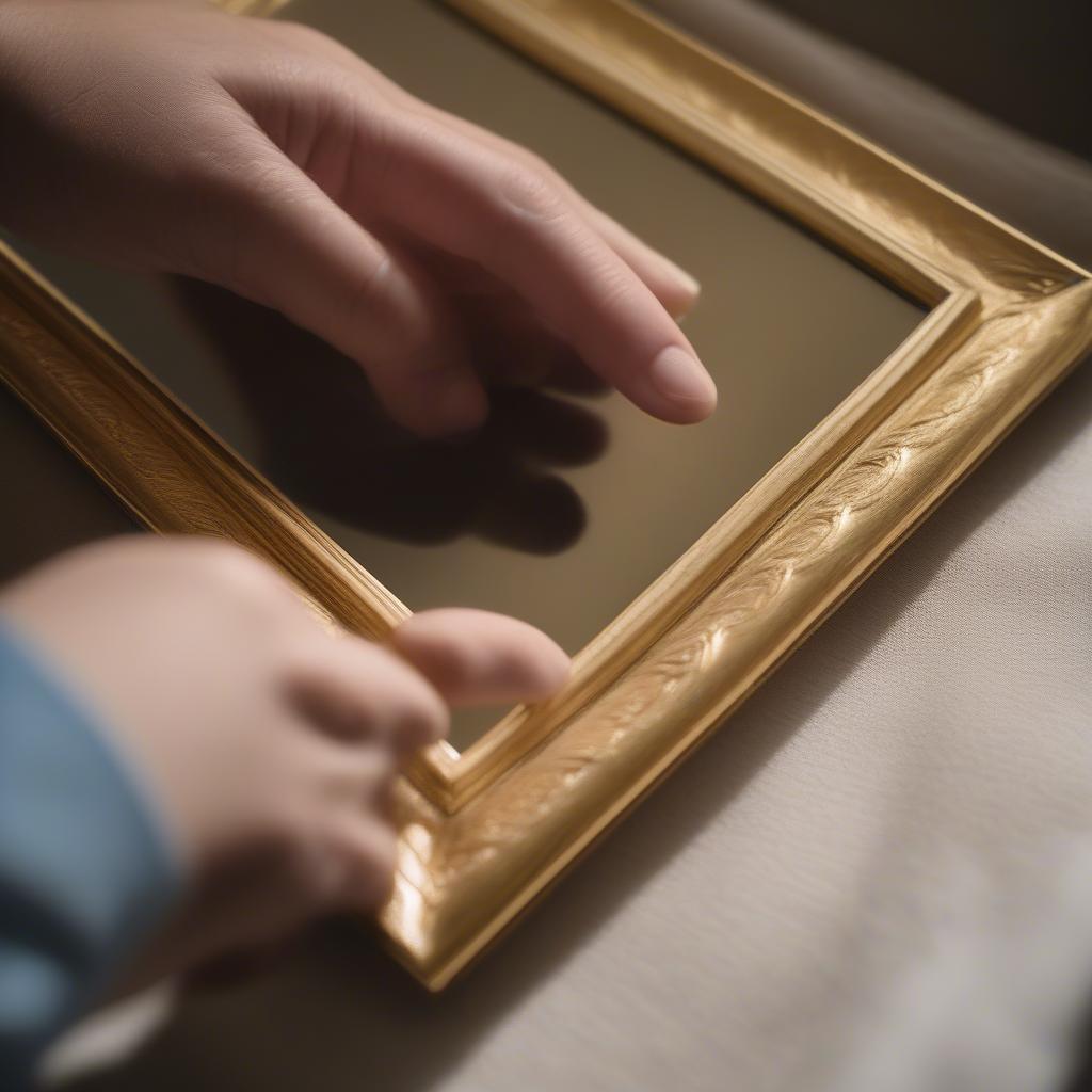 A person gently cleans a thin gold picture frame with a soft cloth to maintain its shine.