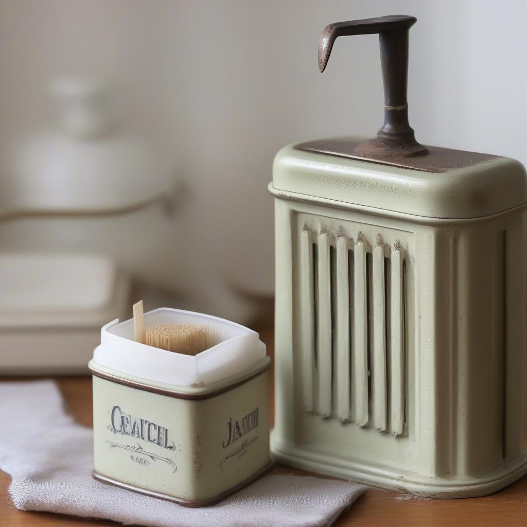 Demonstrating how to clean and maintain a vintage match dispenser using a soft brush and cloth.