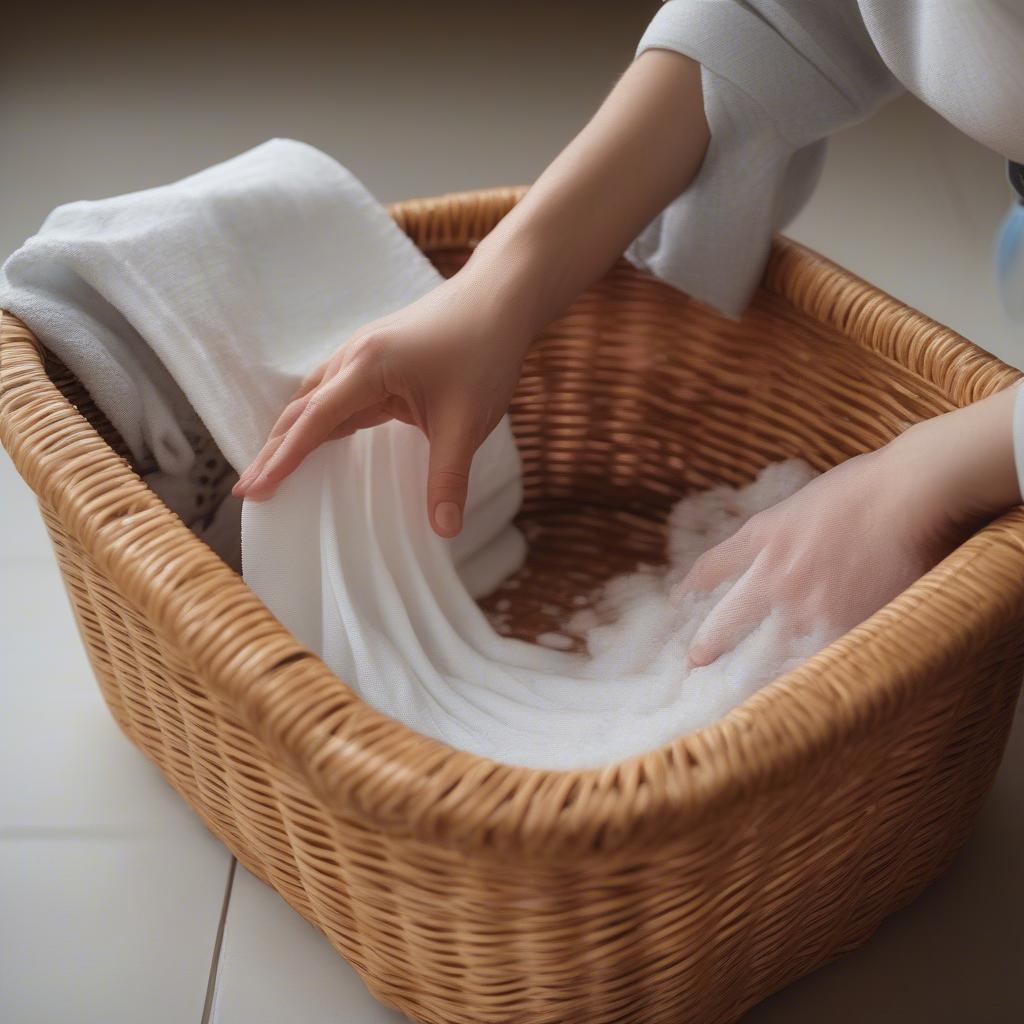 Cleaning a wicker basket with a damp cloth and mild soap.