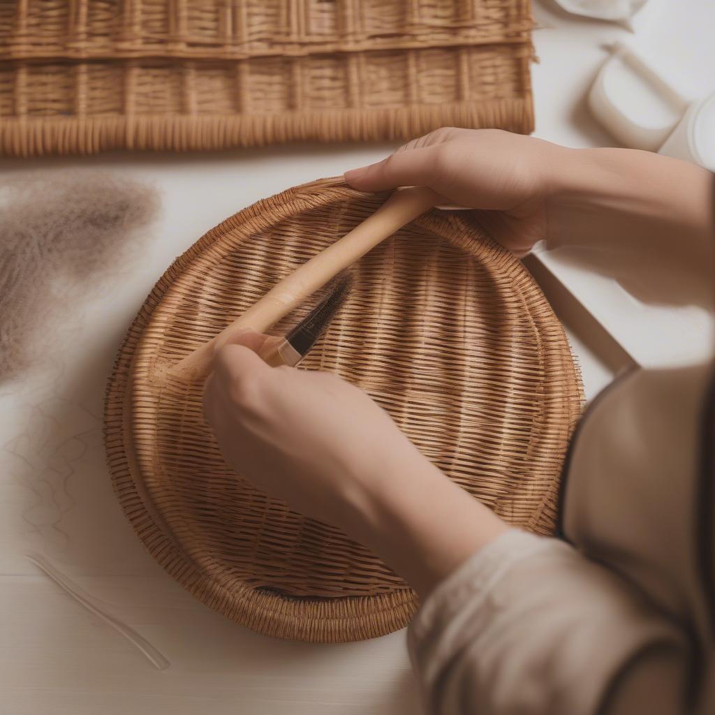 Cleaning wicker and rattan wall art using a soft brush and gentle cleaning solution.