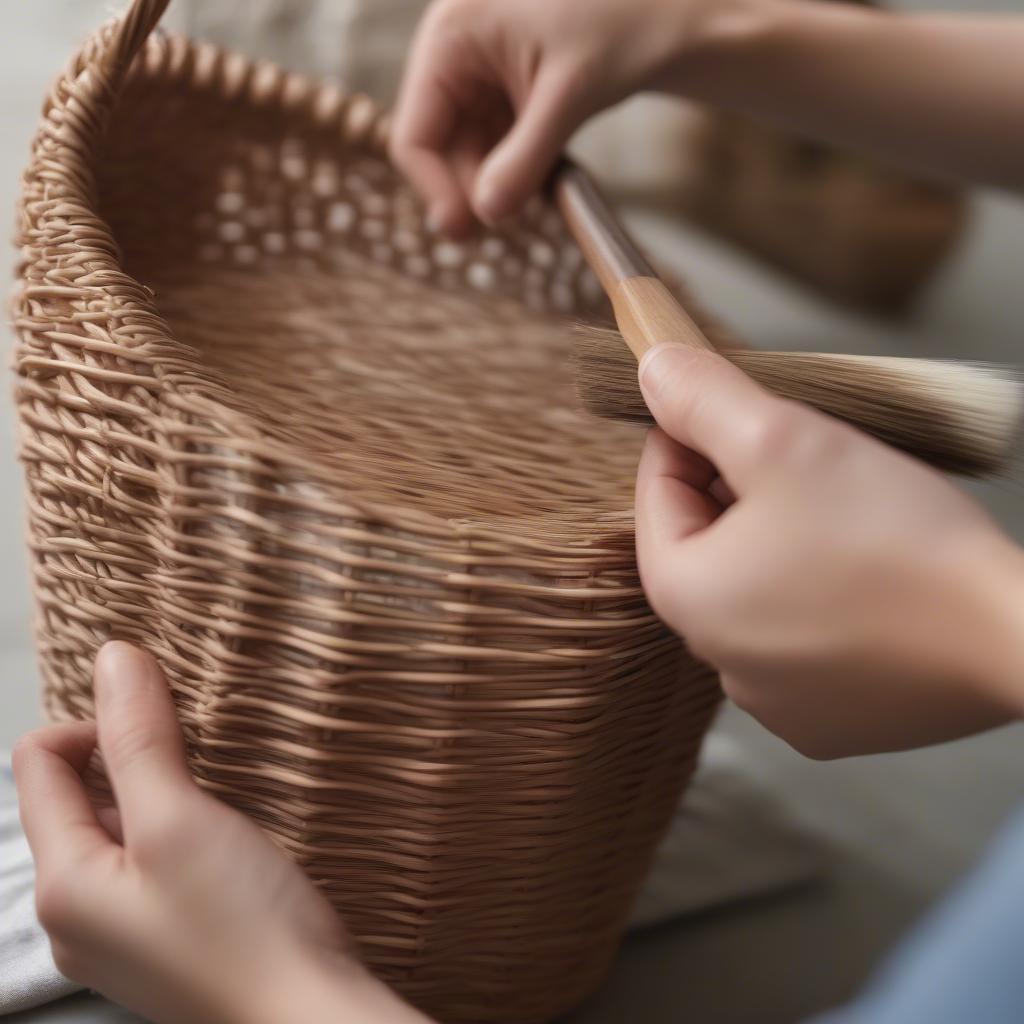 Cleaning wicker and rattan wall decor with a soft brush.