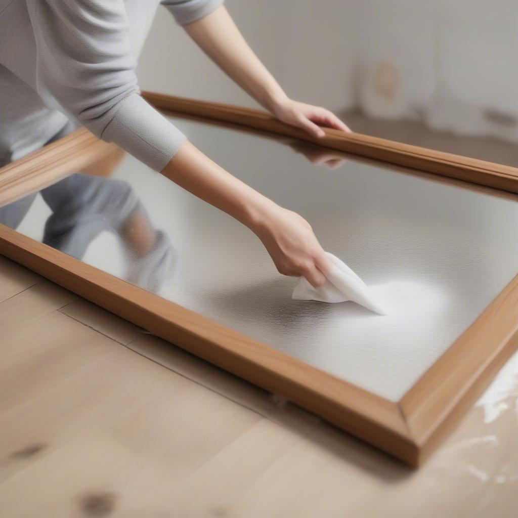 Cleaning a wood framed floor mirror with a soft cloth