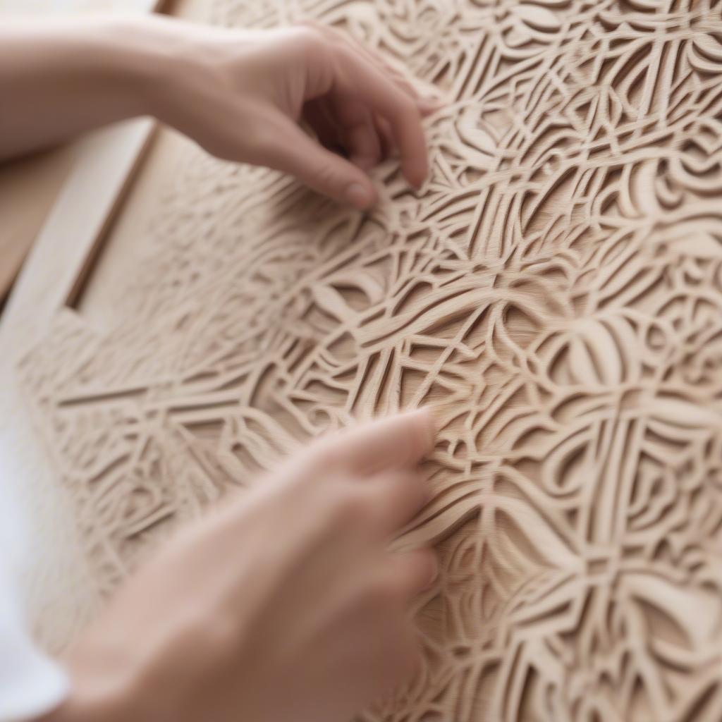 Person carefully cleaning a wooden wall art piece with a soft cloth