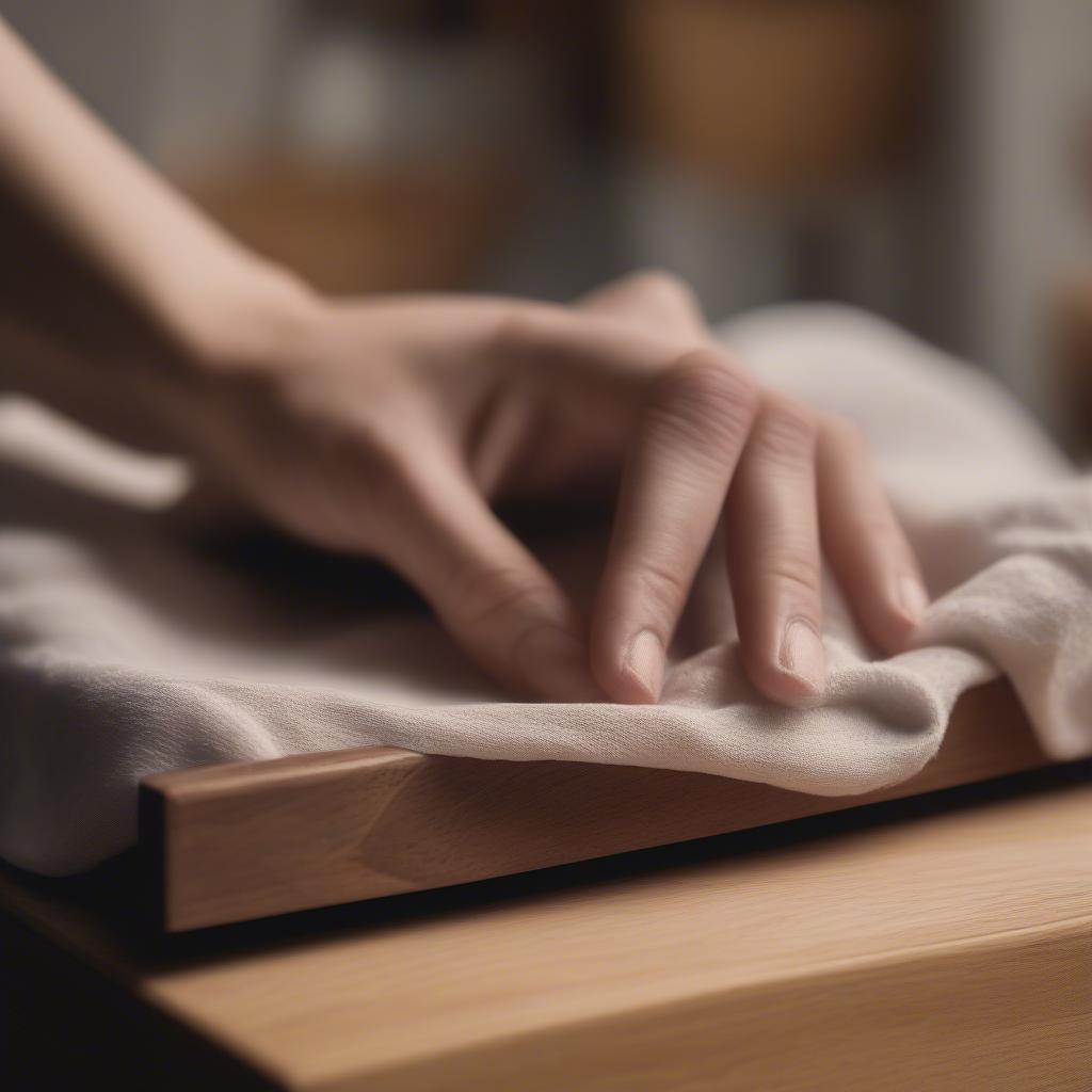 Cleaning a wooden photo stand with a soft cloth to maintain its shine and prevent dust buildup.