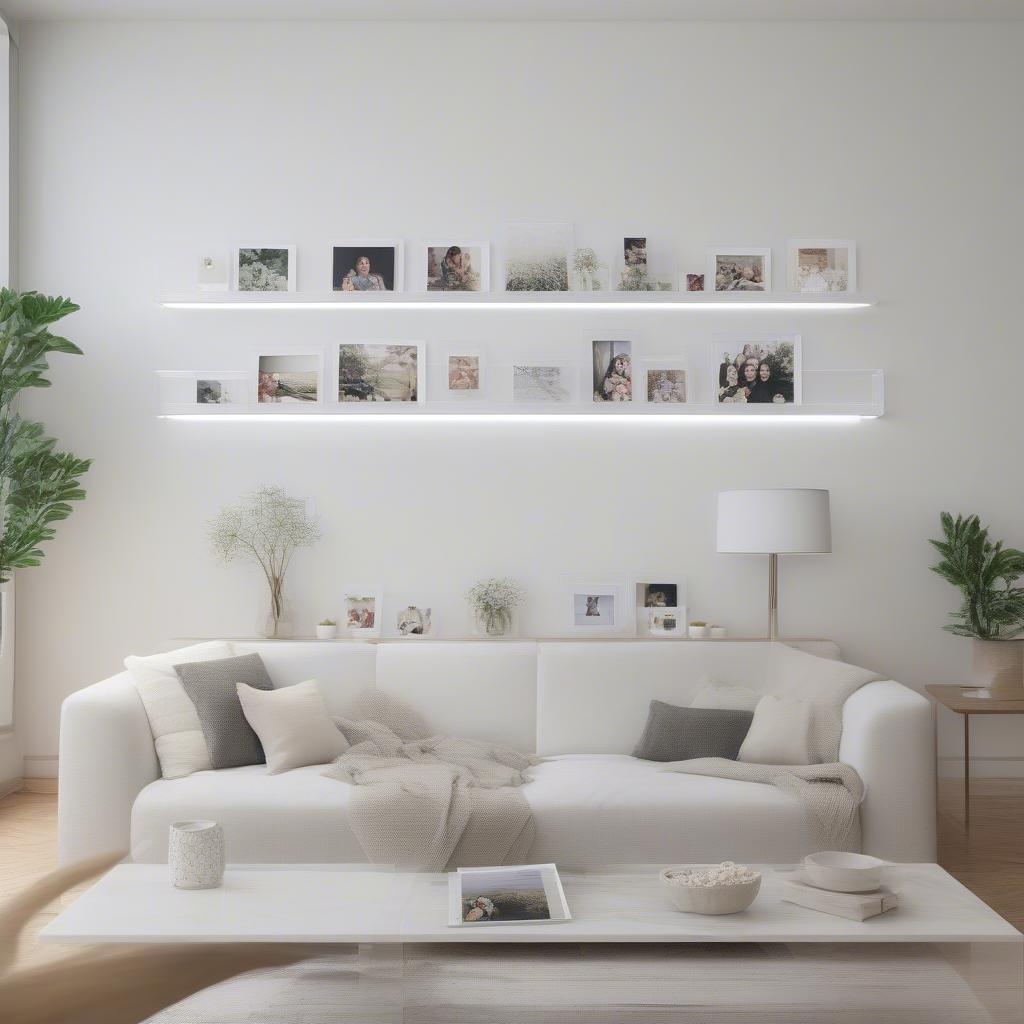 Clear acrylic frames displaying family photos on a shelf