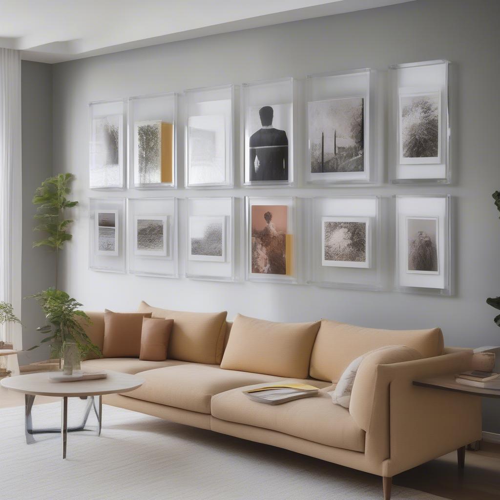 Clear acrylic wall frames in a modern living room