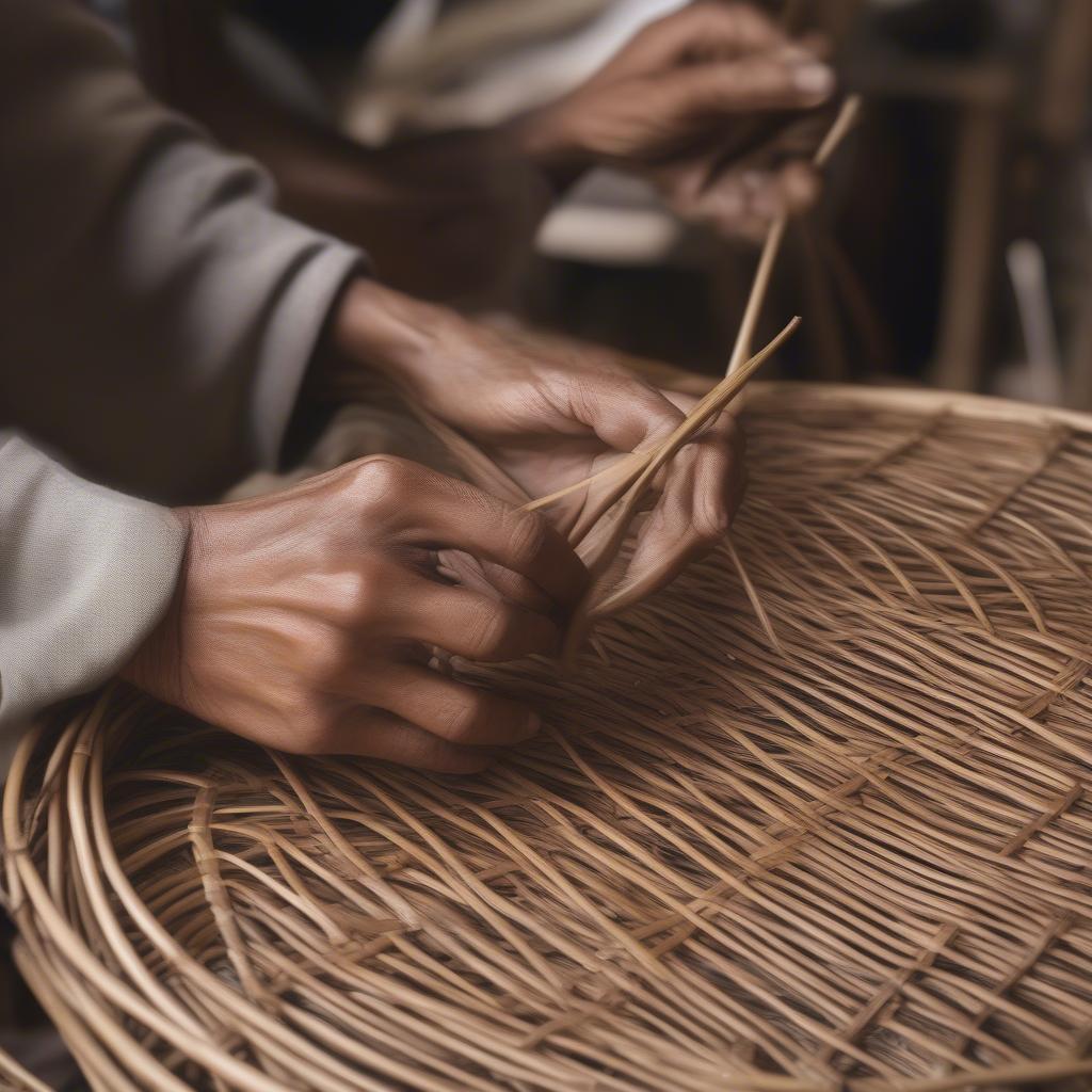 Close-up of an artisan's hands expertly weaving a rattan basket, showcasing the intricate craftsmanship.