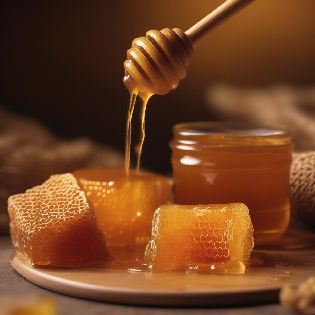 Close-up of golden honey drizzling over a handcrafted wicker basket filled with fresh honeycomb.