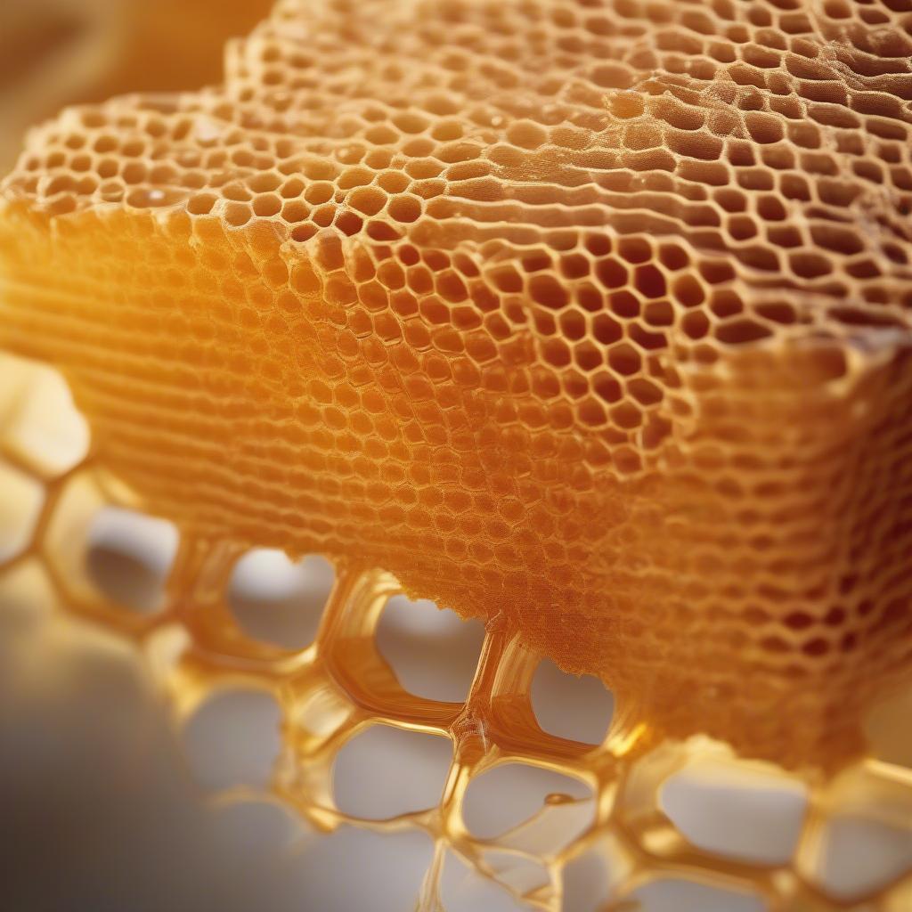 Close-up of a honeycomb dripping with golden honey, showcasing its intricate structure and viscous texture.